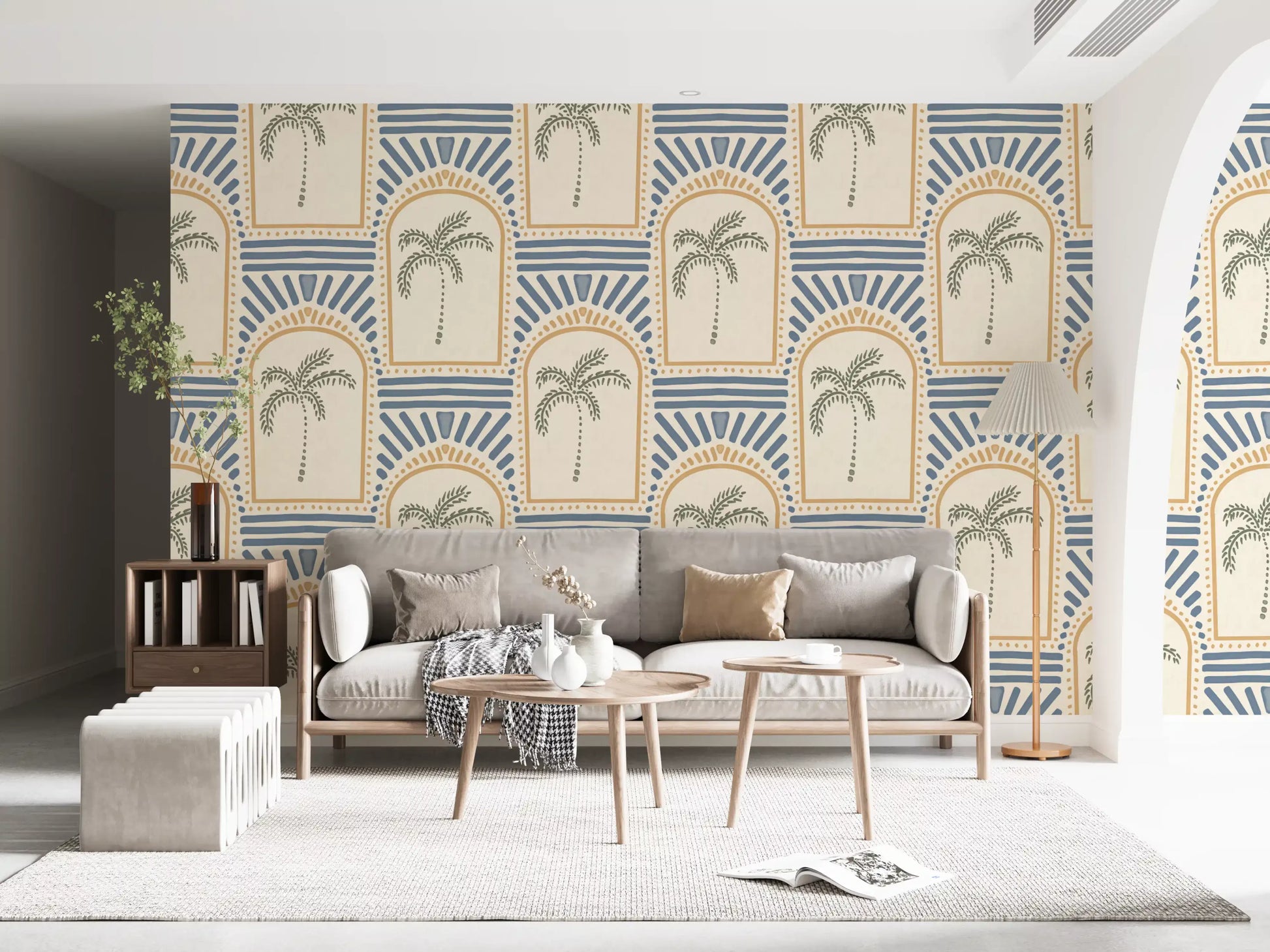 Stylized palm trees fit inside ochre arch outlines on this patterned wallpaper.