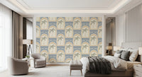 Tropical Palm Art Deco Archways Sand & Slate Blue Wallpaper inside a modern bedroom.