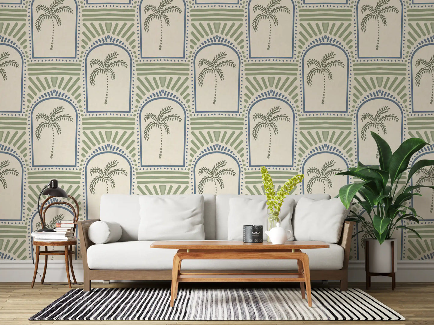Another cozy lounge corner showing this blue archways wallpaper background