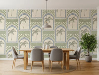 Dining room space displaying this geometric palm tree wallpaper design