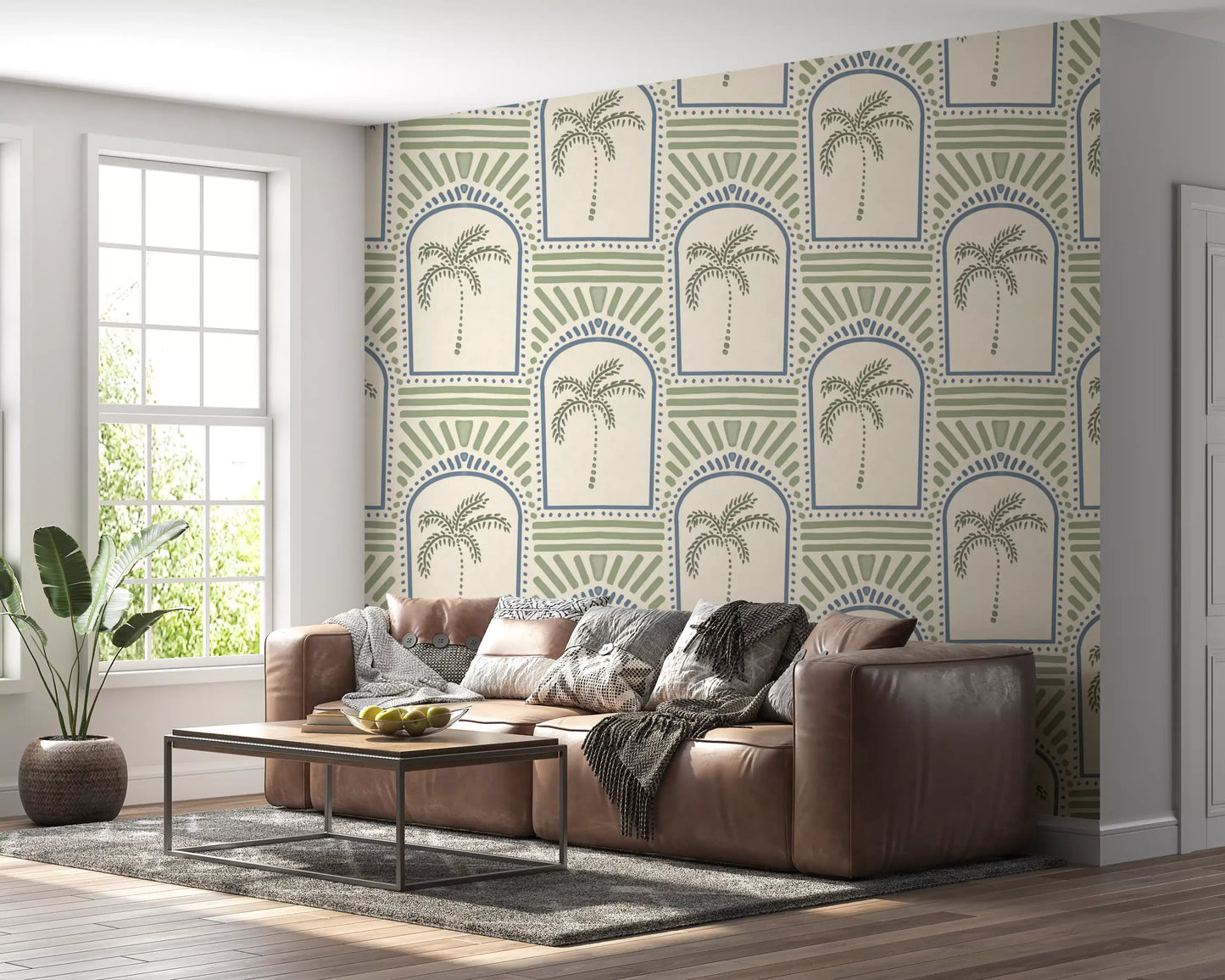 Graphic illustration details on the Tropical Palm Art Deco Archways Slate Blue & Costal Green Wallpaper