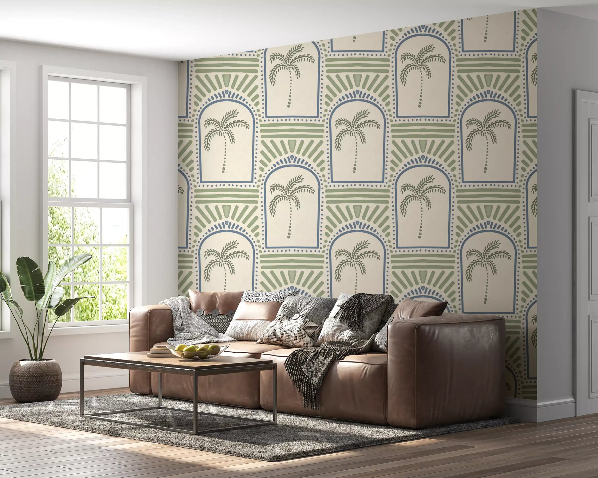 Graphic illustration details on the Tropical Palm Art Deco Archways Slate Blue & Costal Green Wallpaper