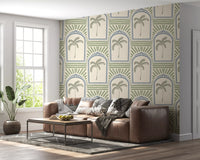Graphic illustration details on the Tropical Palm Art Deco Archways Slate Blue & Costal Green Wallpaper