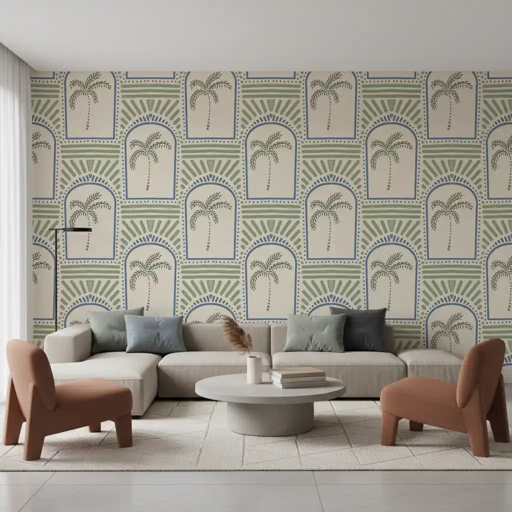 Living room accent covered in a repeating art deco wallpaper