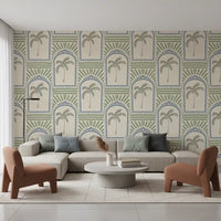 Living room accent covered in a repeating art deco wallpaper