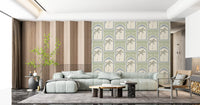 Framed tree motif centered within this slate blue wallpaper pattern
