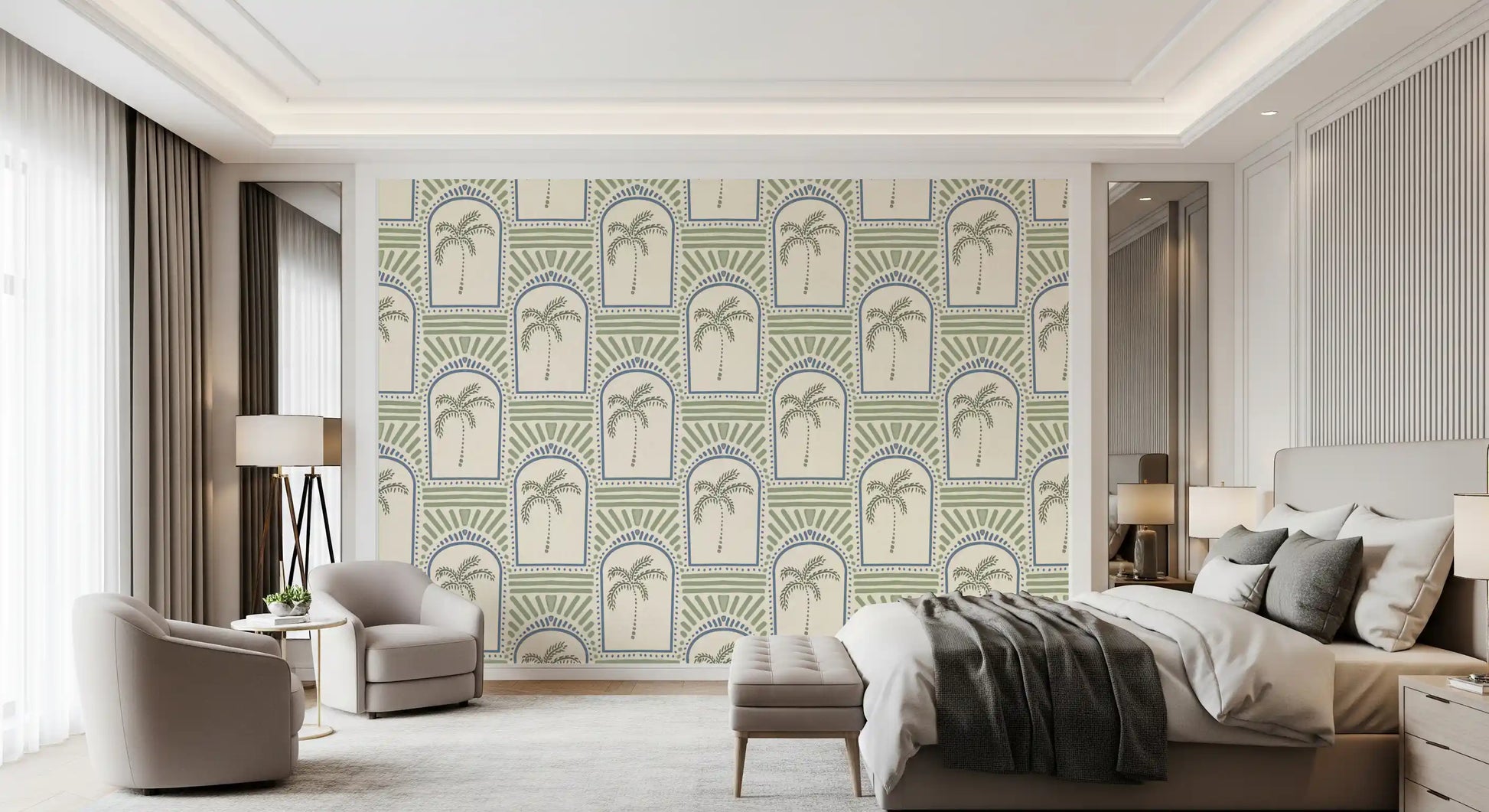 Cream background texture peeking through this art deco wallpaper design