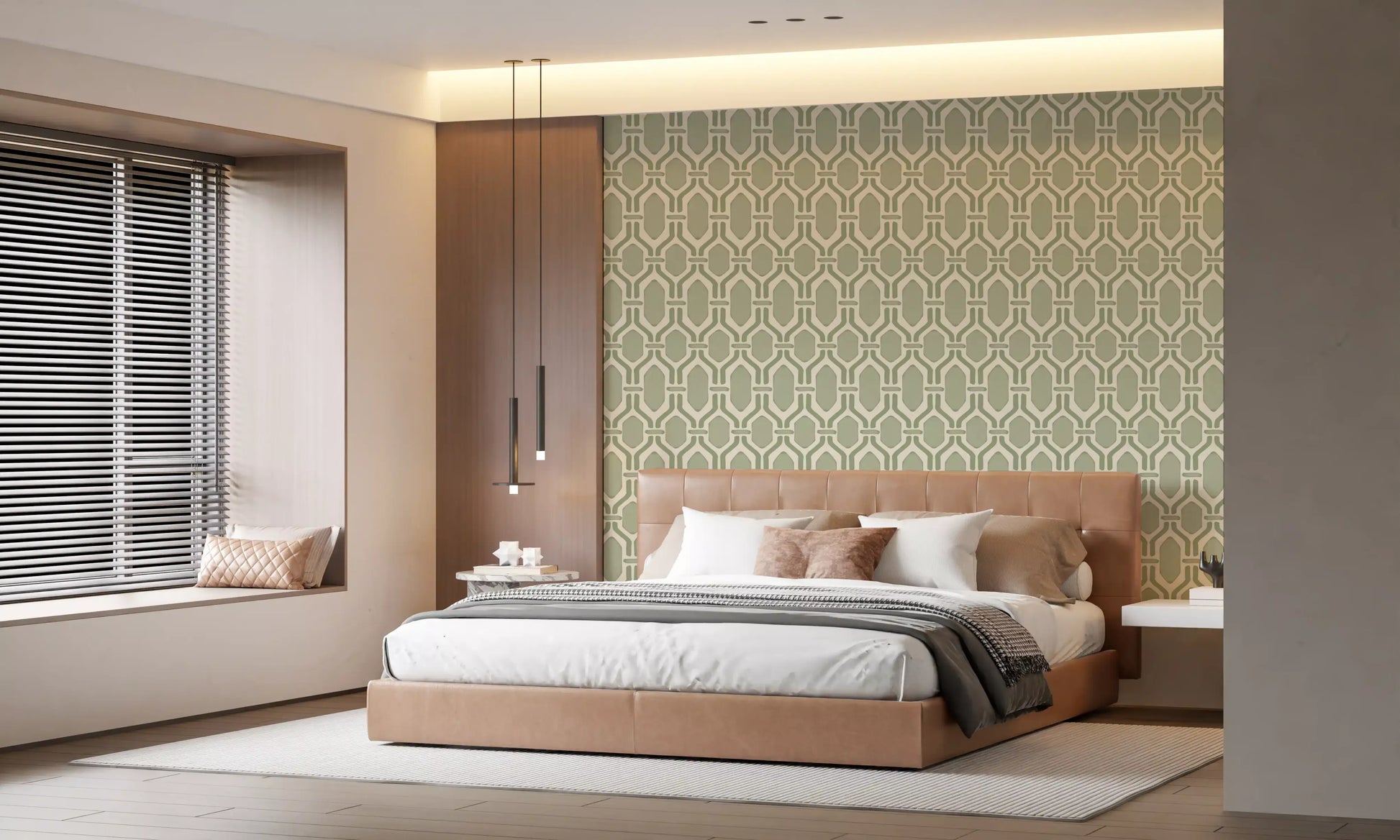 Interlocking green lines forming a geometric wallpaper grid.