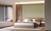 Interlocking green lines forming a geometric wallpaper grid.