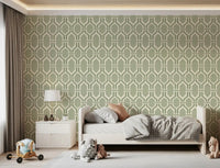 Trellis pattern repeat on a cream wallpaper surface.