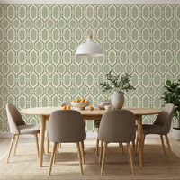 Bright dining room decorated with a coastal green wallpaper.