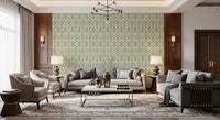 Elegant living room displaying a green geometric wallpaper pattern.