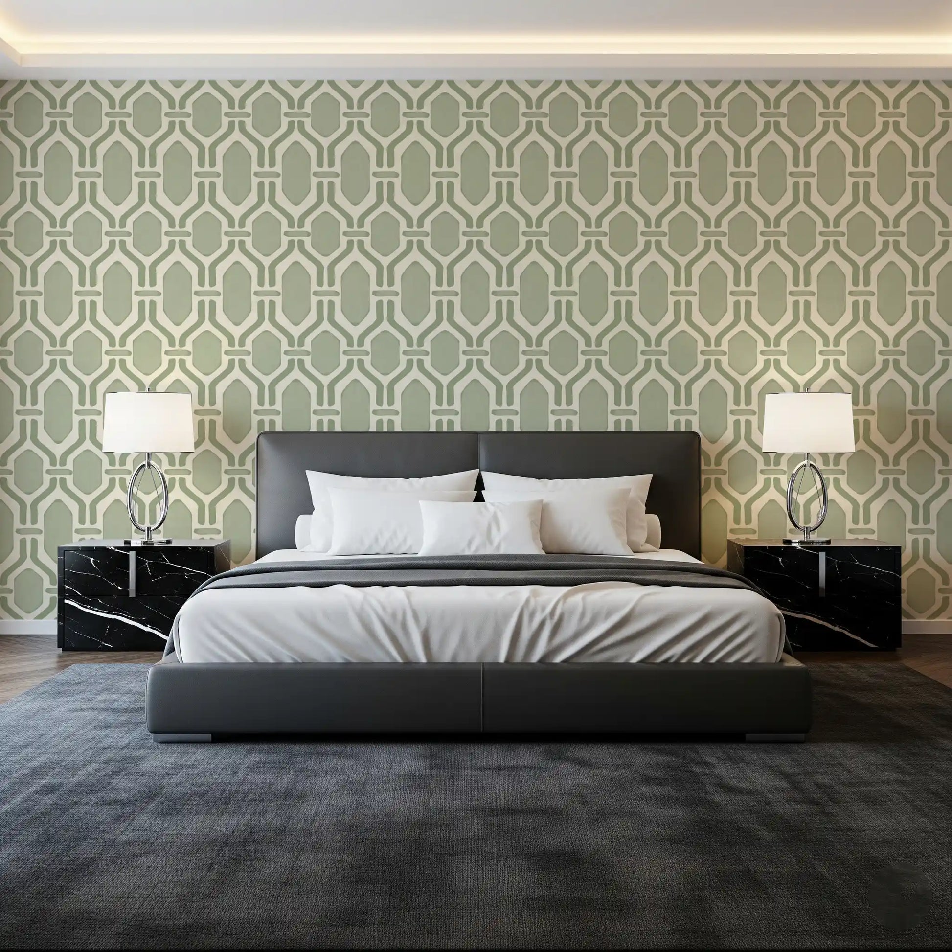 Symmetric linework layout of the Art Deco Trellis Coastal Green Wallpaper.