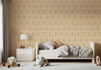 Tranquil bedroom displaying the art deco trellis sand wallpaper.