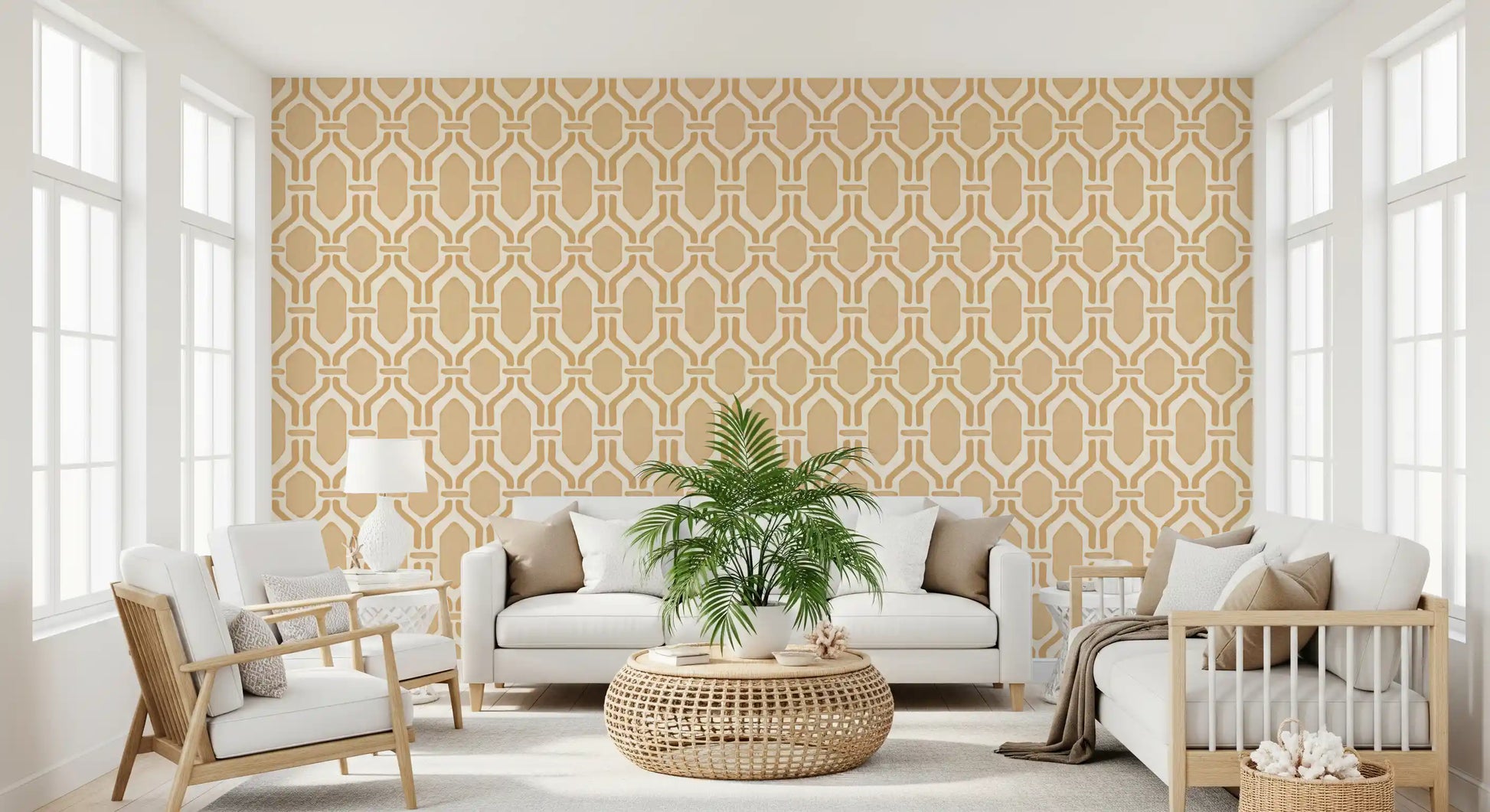Elegant Living room setting completed by the art deco trellis sand wallpaper.