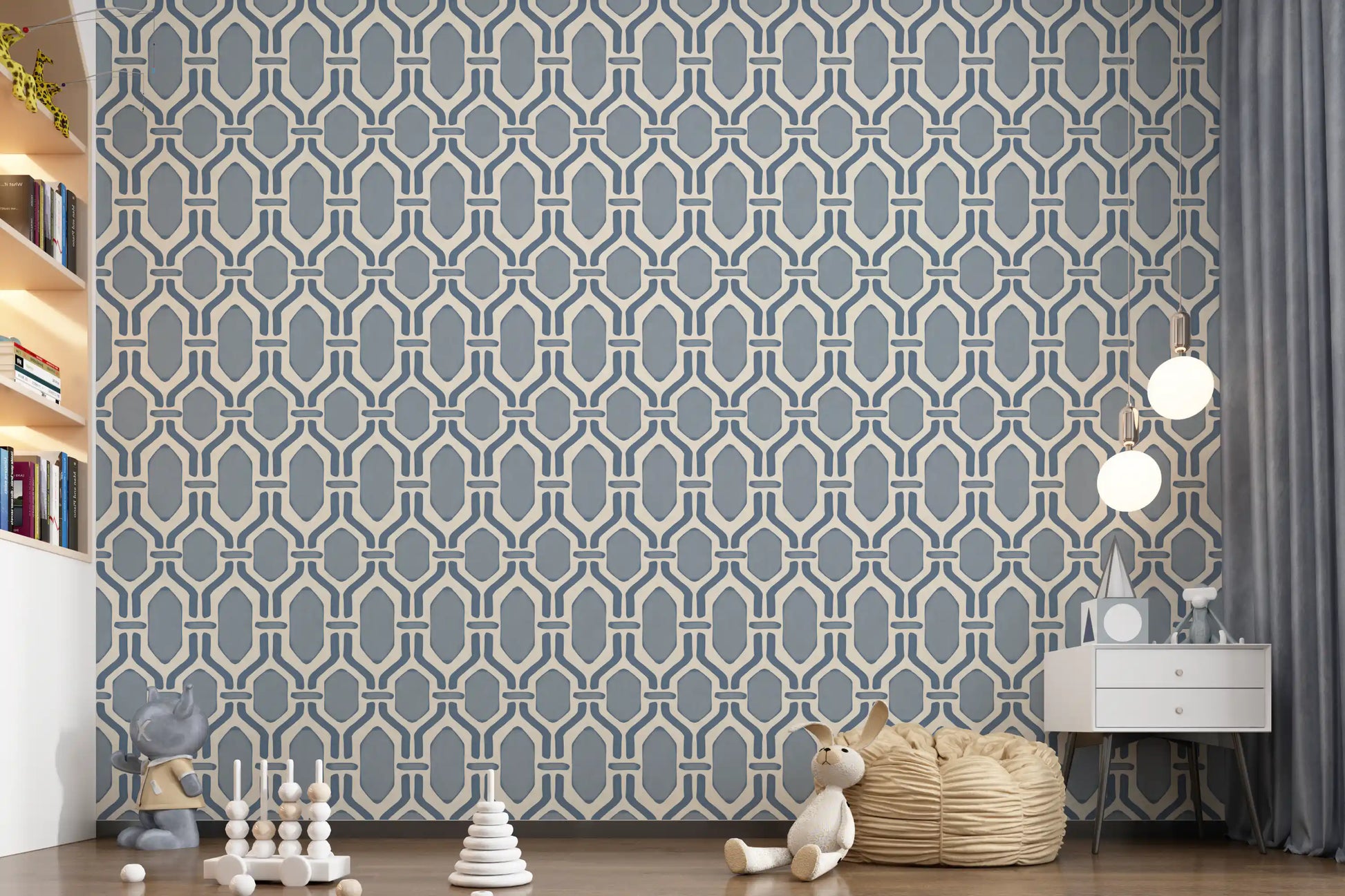 Playful kids room styled with this geometric trellis wallpaper.