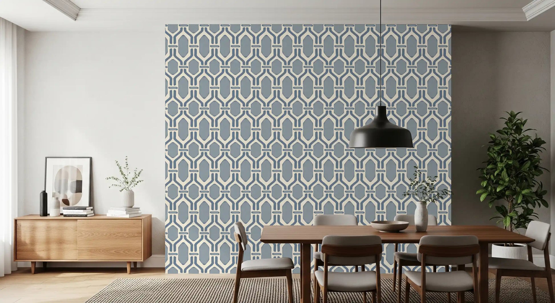 Interlocking shapes cascade across this slate blue wallpaper.
