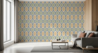 Bright Living room setting highlighted by a uniquely patterned Deco wallpaper surface.