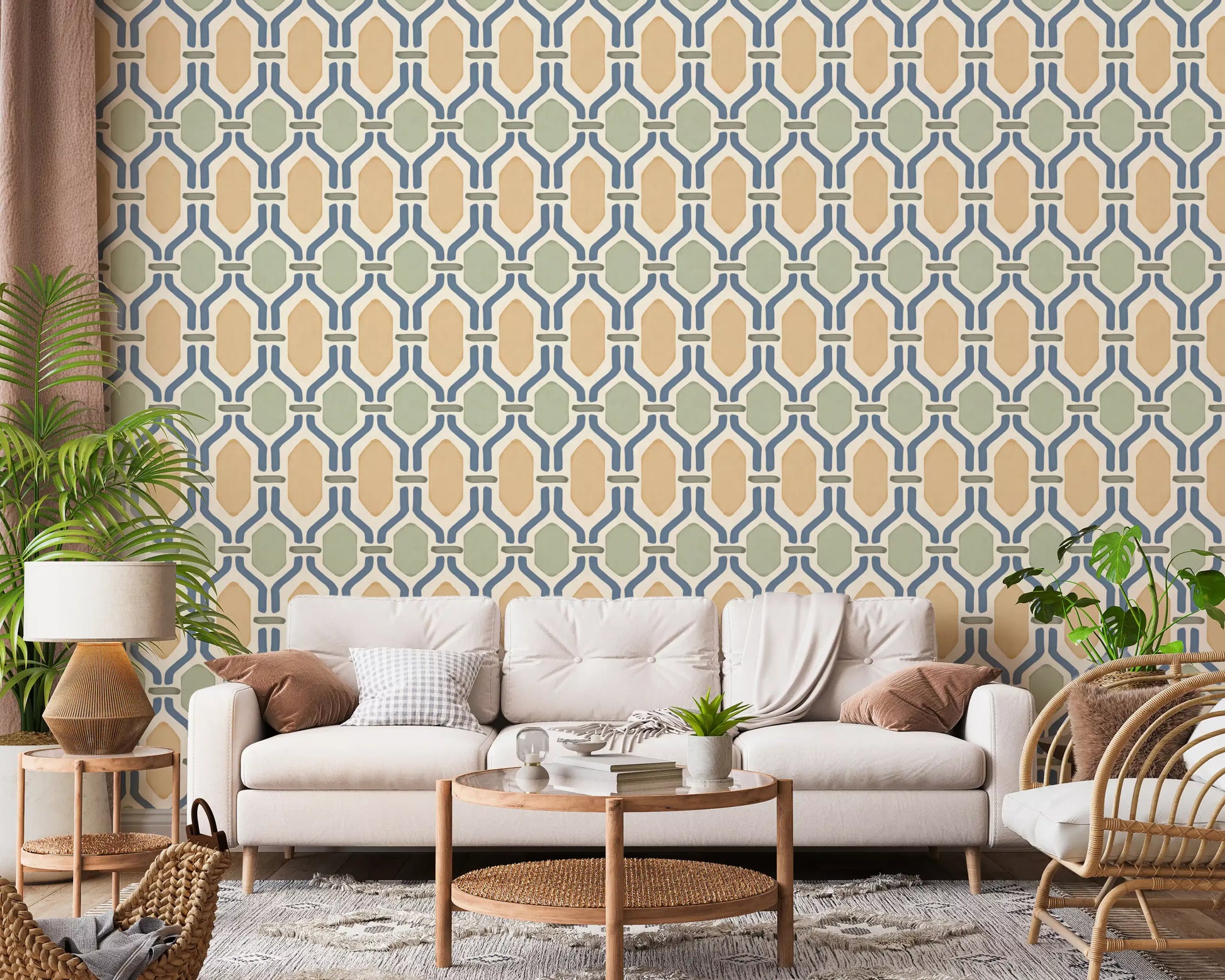Cozy living room setting highlighted through a geometric Trellis wallpaper backdrop.