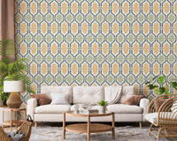 Cozy living room setting highlighted through a geometric Trellis wallpaper backdrop.