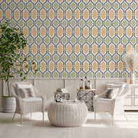 Living -dining room enhanced with the classic Art Deco Trellis Wallpaper.