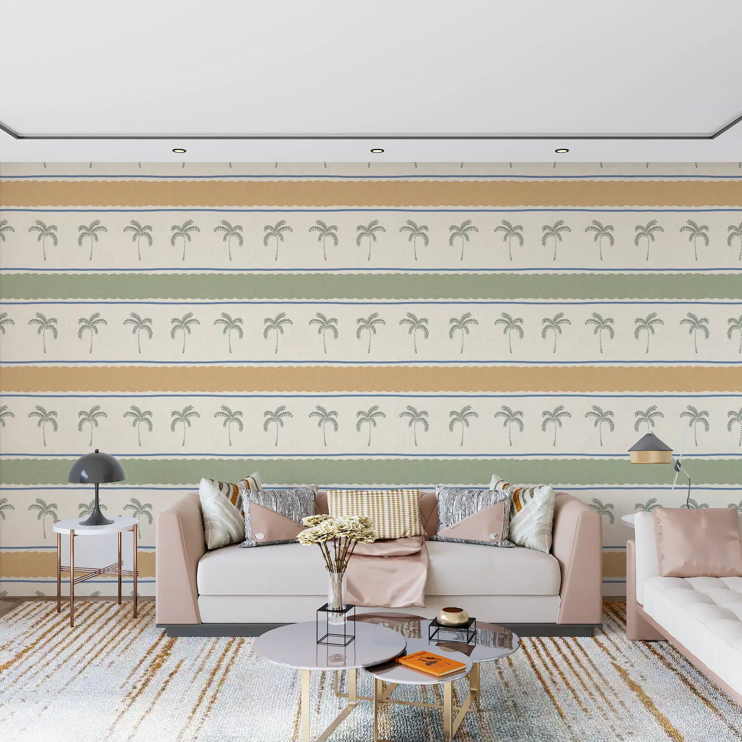 Palm outlines are visible throughout the calming Ornament wallpaper layout.