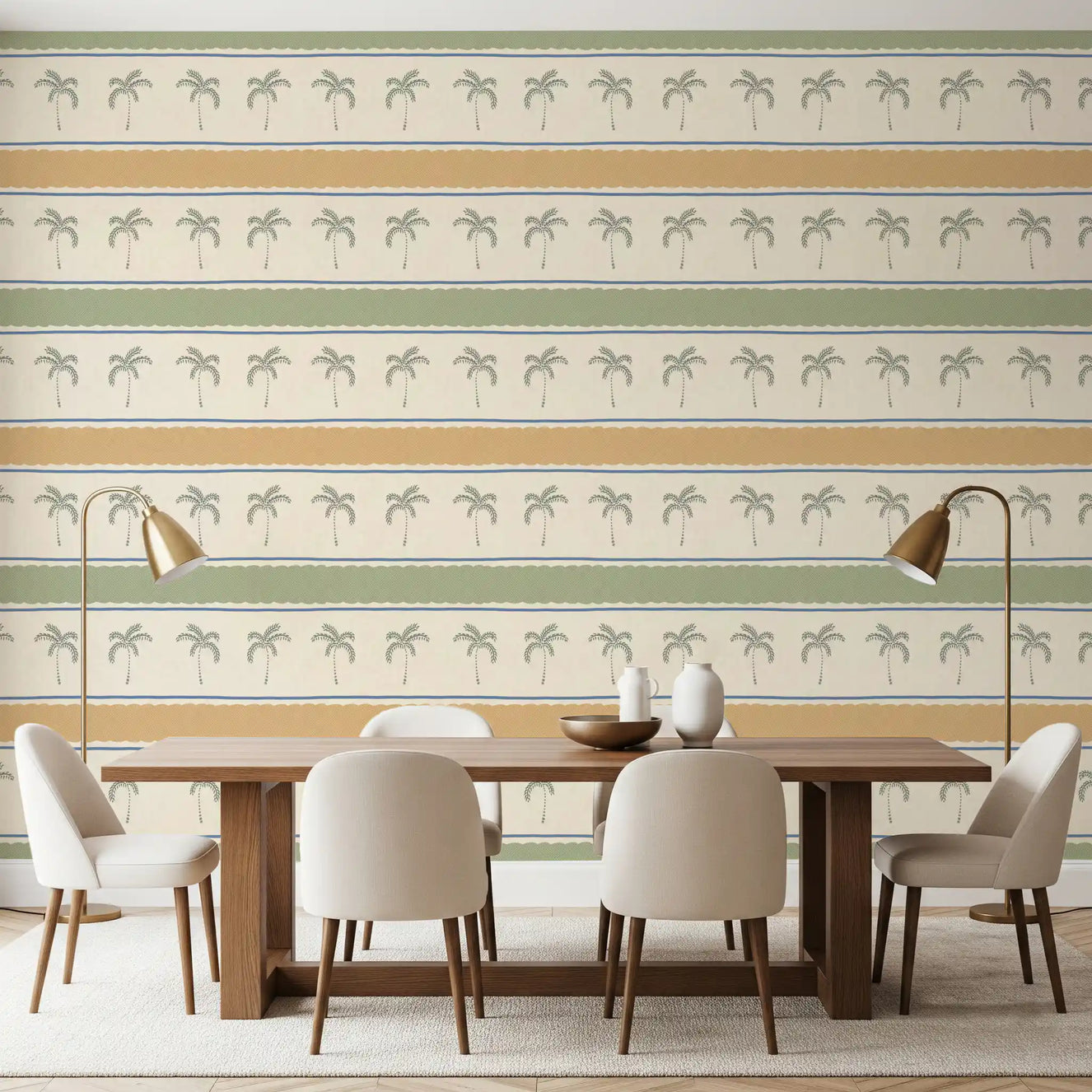 Marrakesh Orizzontal Striped Ornament Wallpaper applied in a bright dining room.