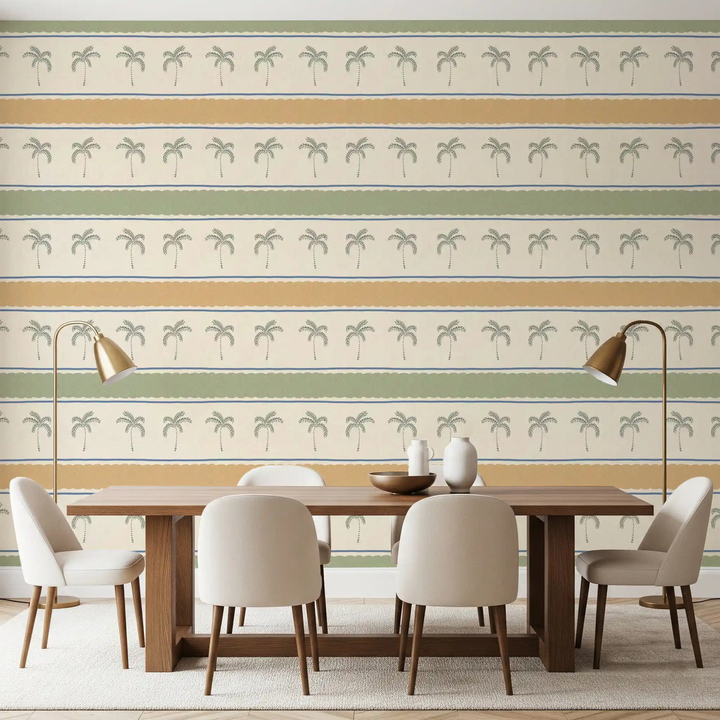 Marrakesh Orizzontal Striped Ornament Wallpaper applied in a bright dining room.