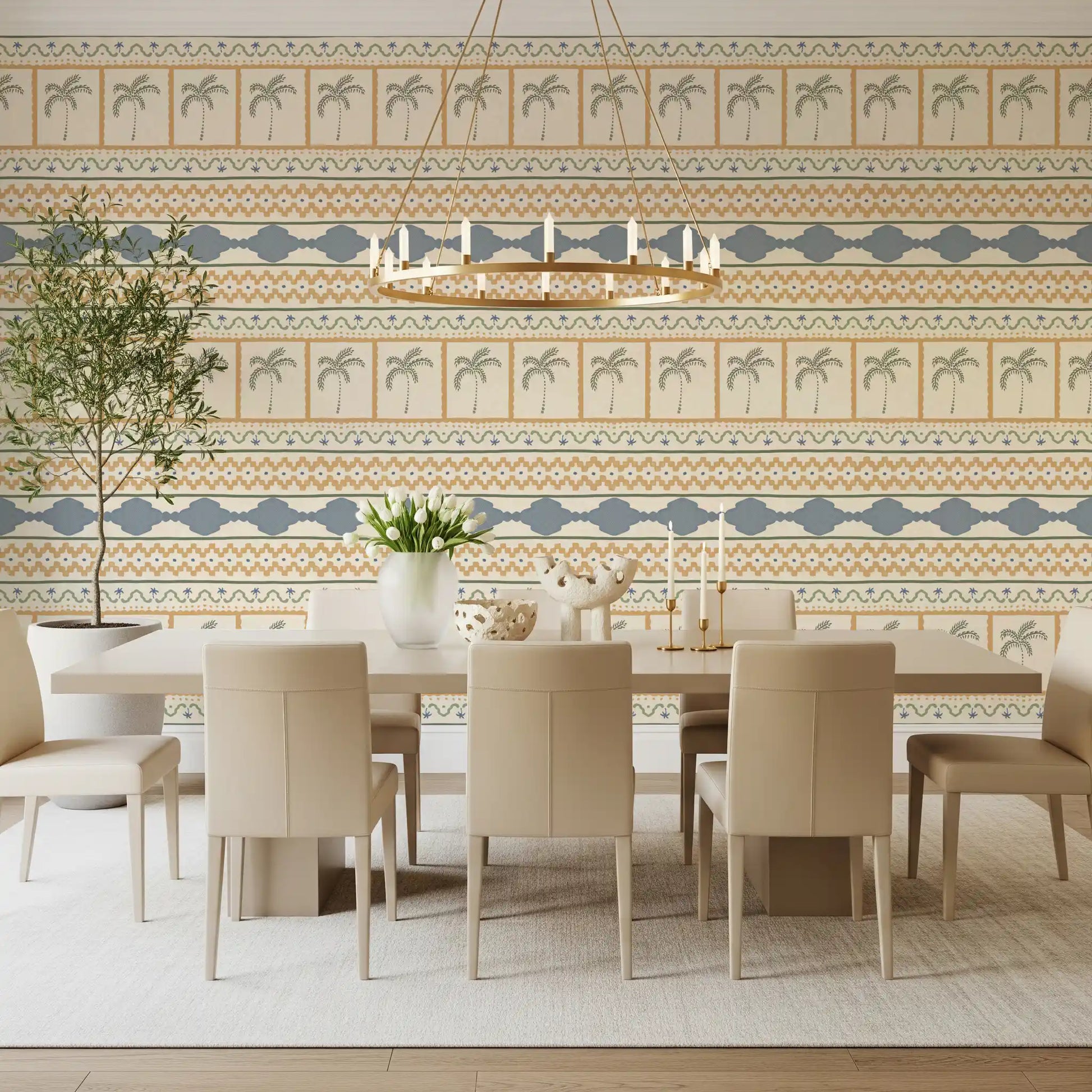 Delicate palm tree motifs embedded in this Marrakesh wallpaper