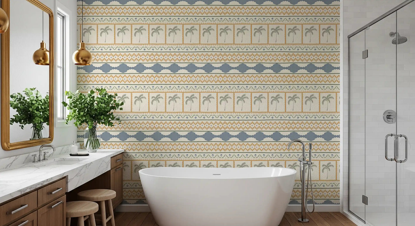 Elegant bathroom setting enhanced with a woven Textile wallpaper