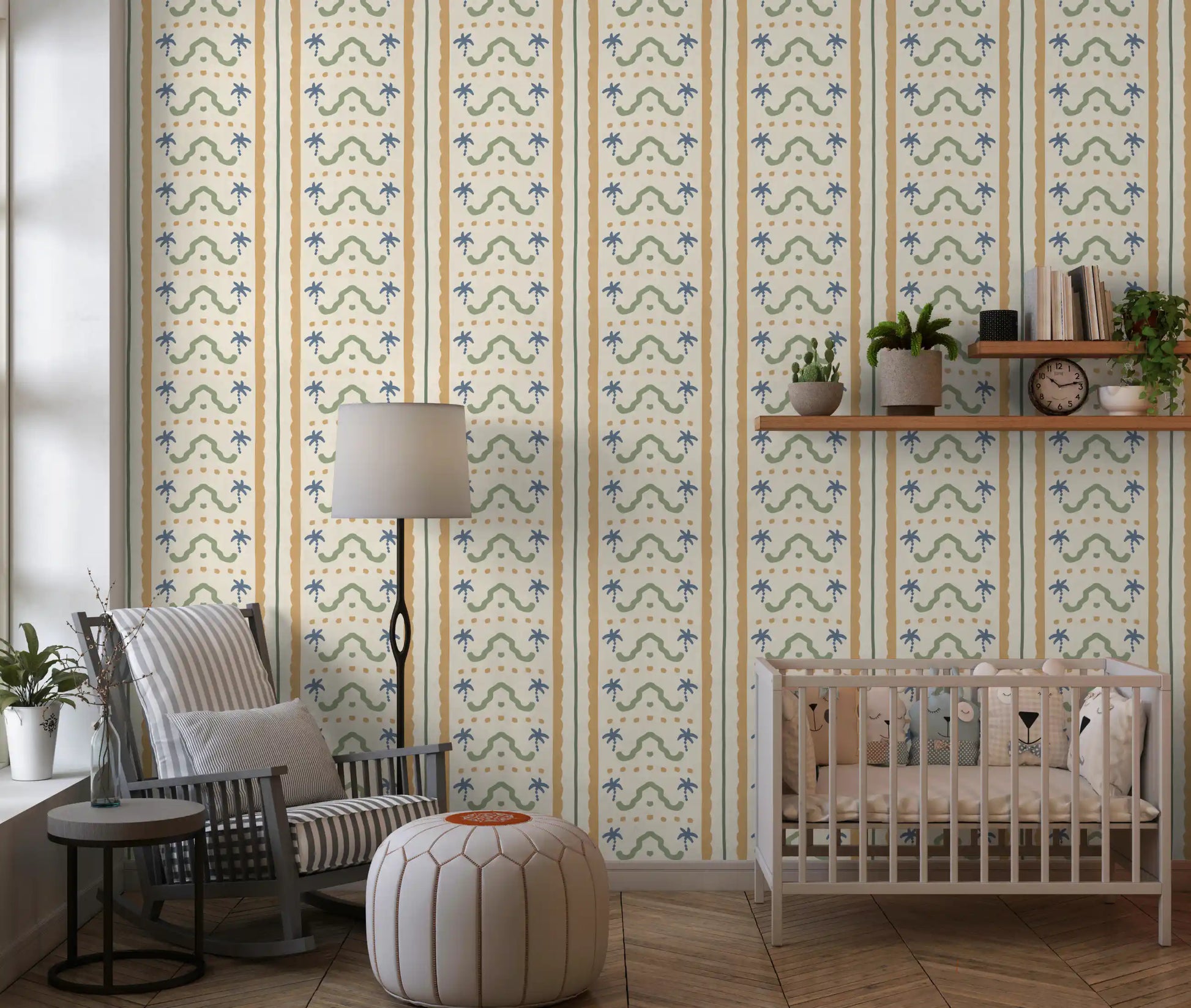 Charming nursery interior featuring a beautiful Marrakesh wallpaper.