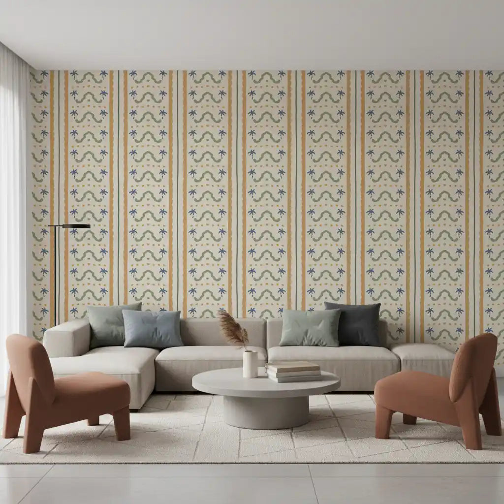 Yellow wavy lines featured in the Marrakesh Striped Ornament Wallpaper.
