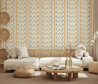 living room showcasing a tropical Marrakesh wallpaper pattern.