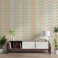 lounge area accented by the Marrakesh Striped Ornament Wallpaper.