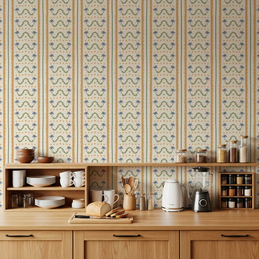 kitchen featuring the Marrakesh Striped Ornament Wallpaper.