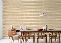 Calm dining room styled with the Zellige Cross Ornament Sand wallpaper.