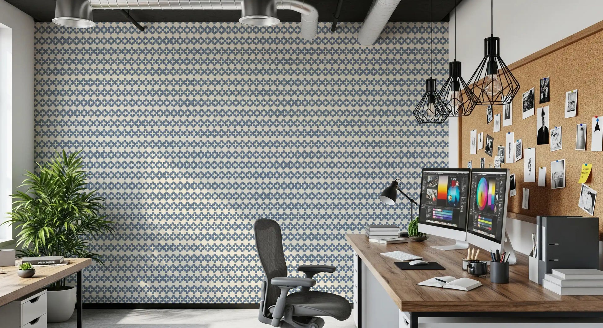 Blue cross motifs stacked in tidy bands over creamy zellige wallpaper
