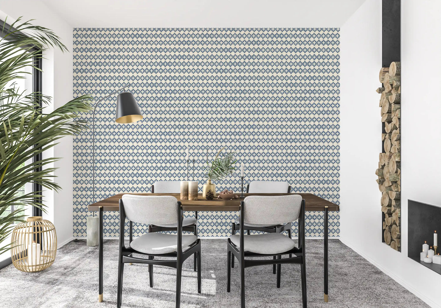 Repeating cross motifs on slate blue wallpaper warming a relaxed dining room