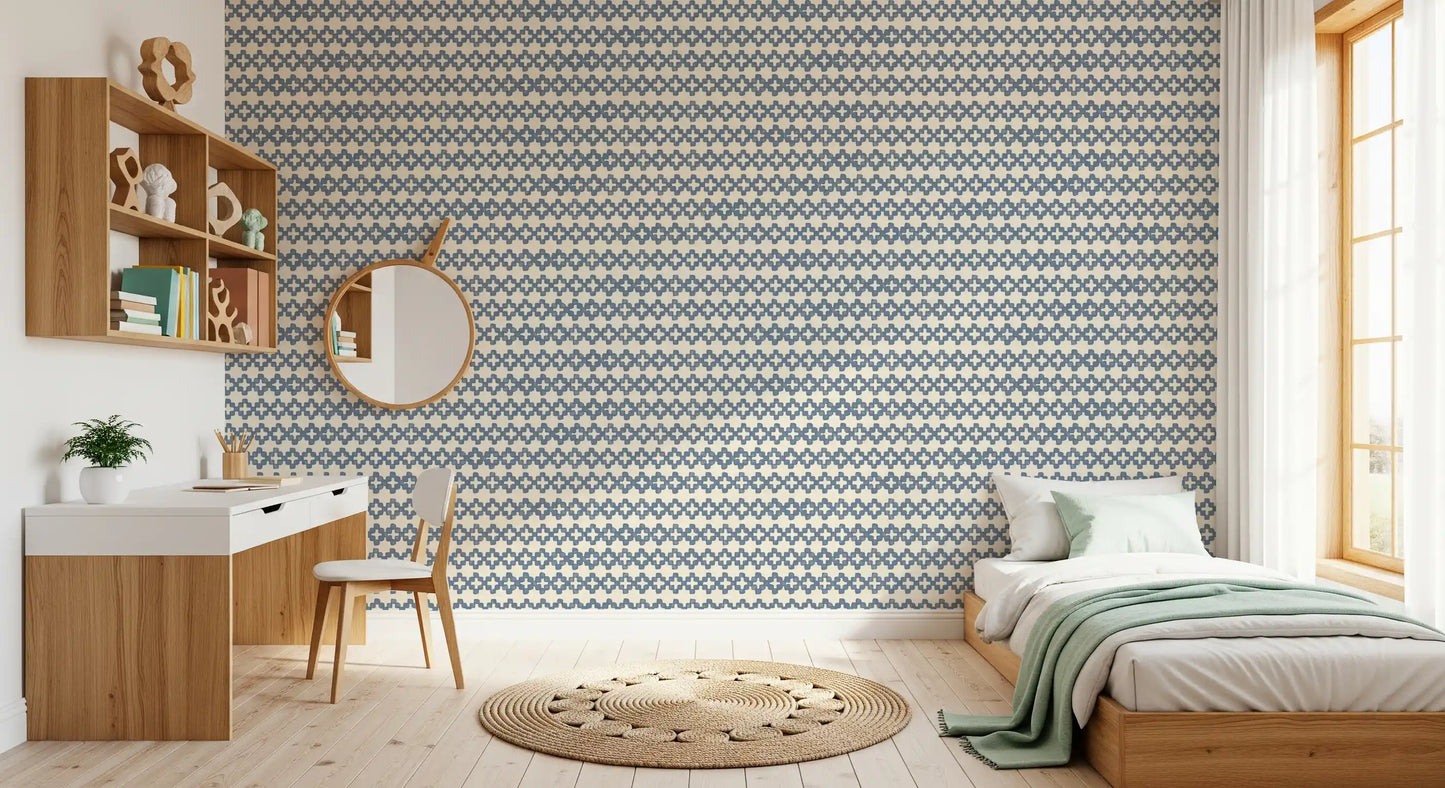 Bedroom paired with slate blue cross ornament wallpaper on cream