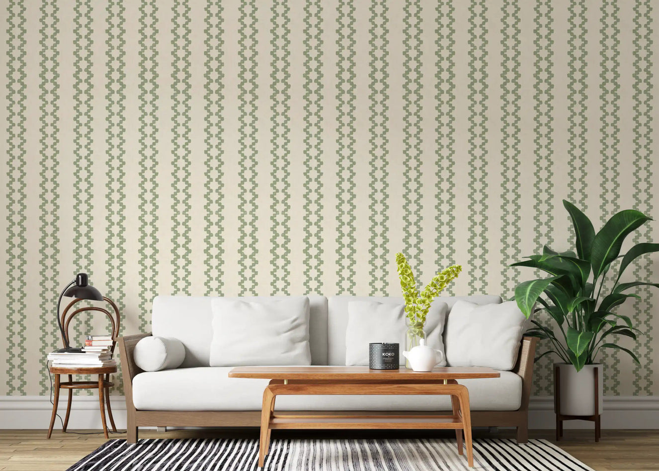 Bright living room styled with zellige striped ornament wallpaper in coastal green.