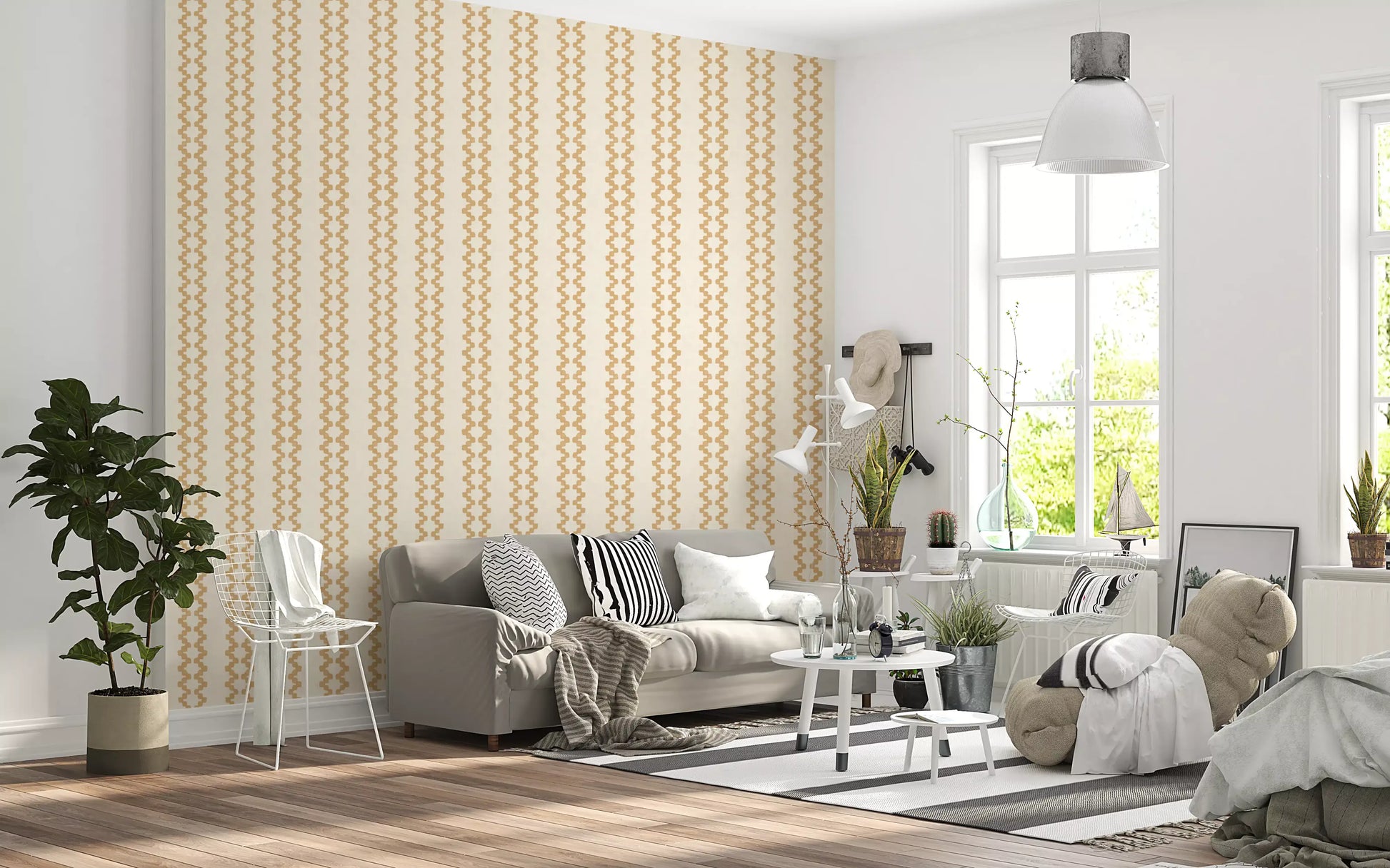 Vertical sand stripes frame this Living room with a clean zellige wallpaper look.