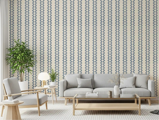 Bright living room calmed by zellige slate blue striped wallpaper rhythm