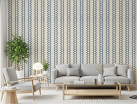 Bright living room calmed by zellige slate blue striped wallpaper rhythm