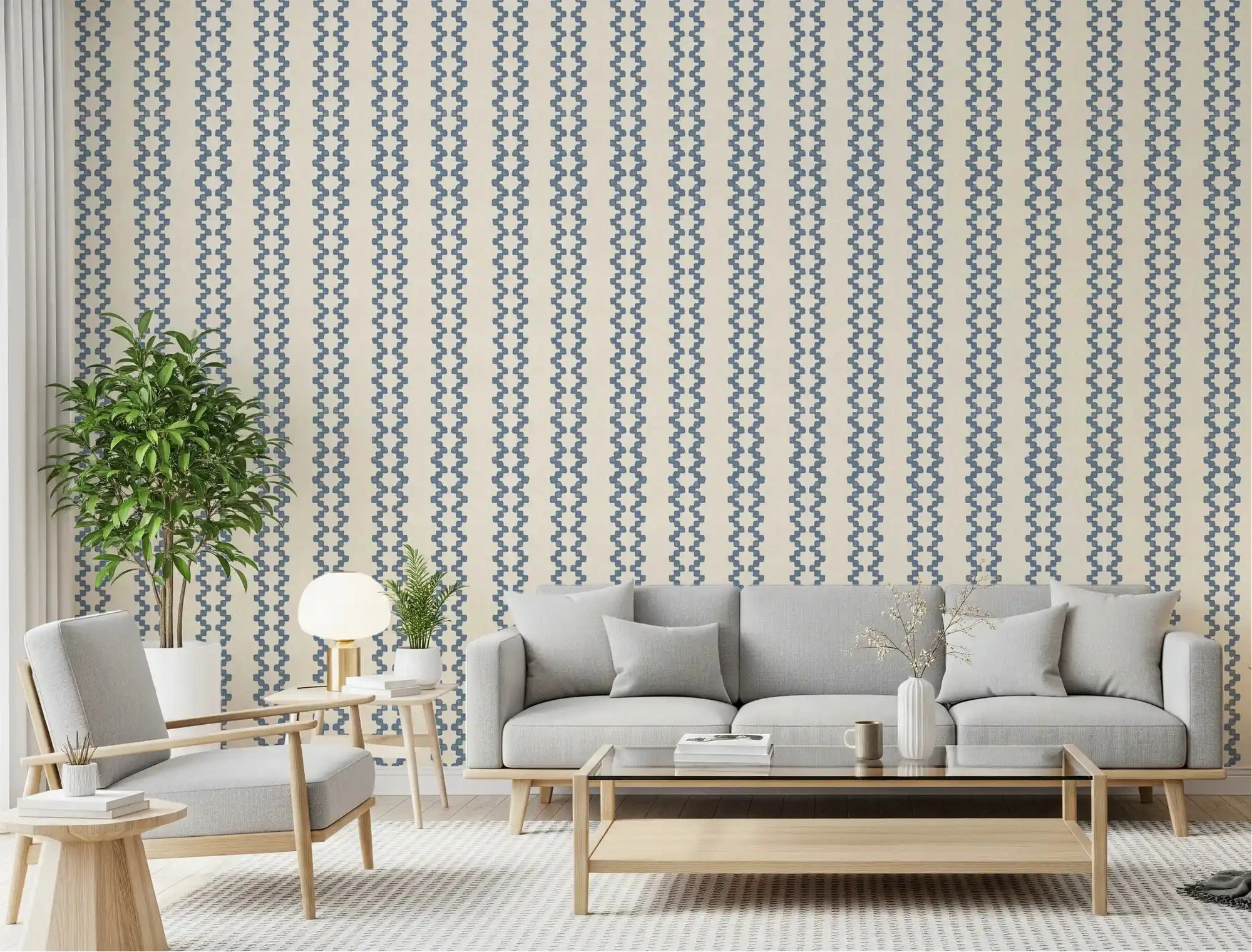 Bright living room calmed by zellige slate blue striped wallpaper rhythm