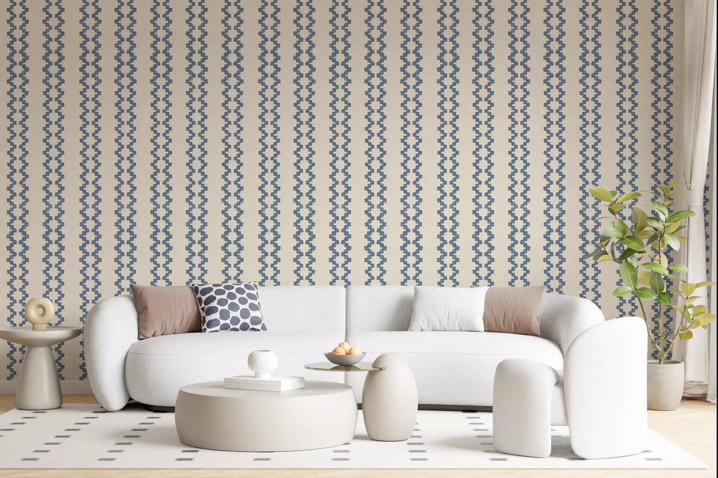 Slate blue ornamental stripe wallpaper warming a relaxed lounge setting