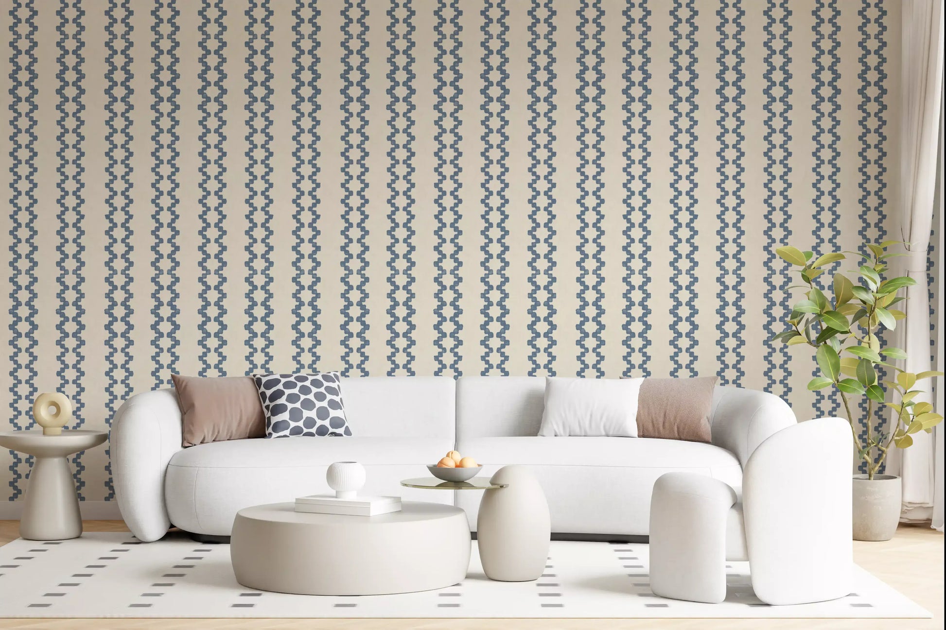 Slate blue ornamental stripe wallpaper warming a relaxed lounge setting