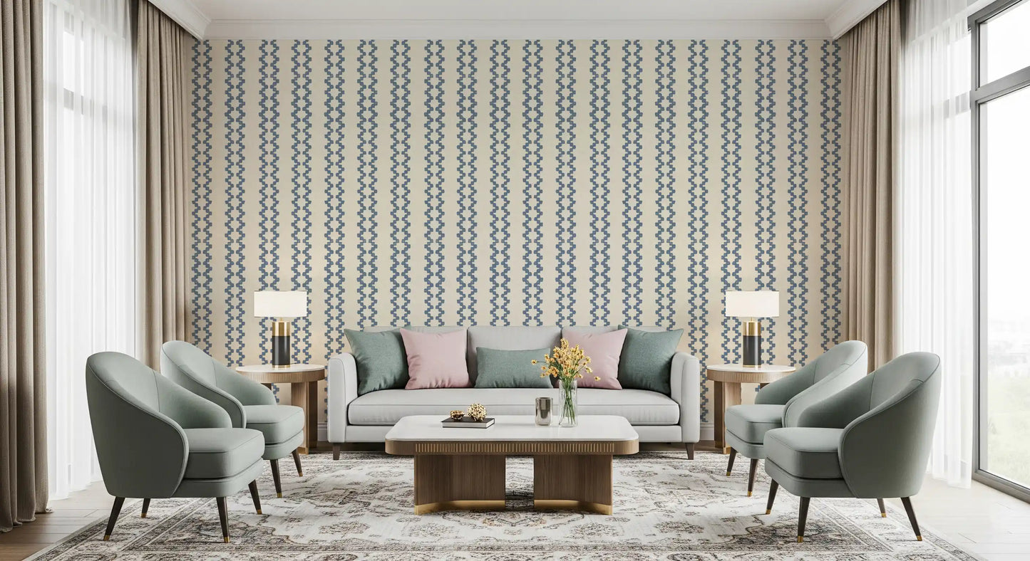 Tight repeat of slate blue zellige stripes for a neat, rhythmic wallpaper finish