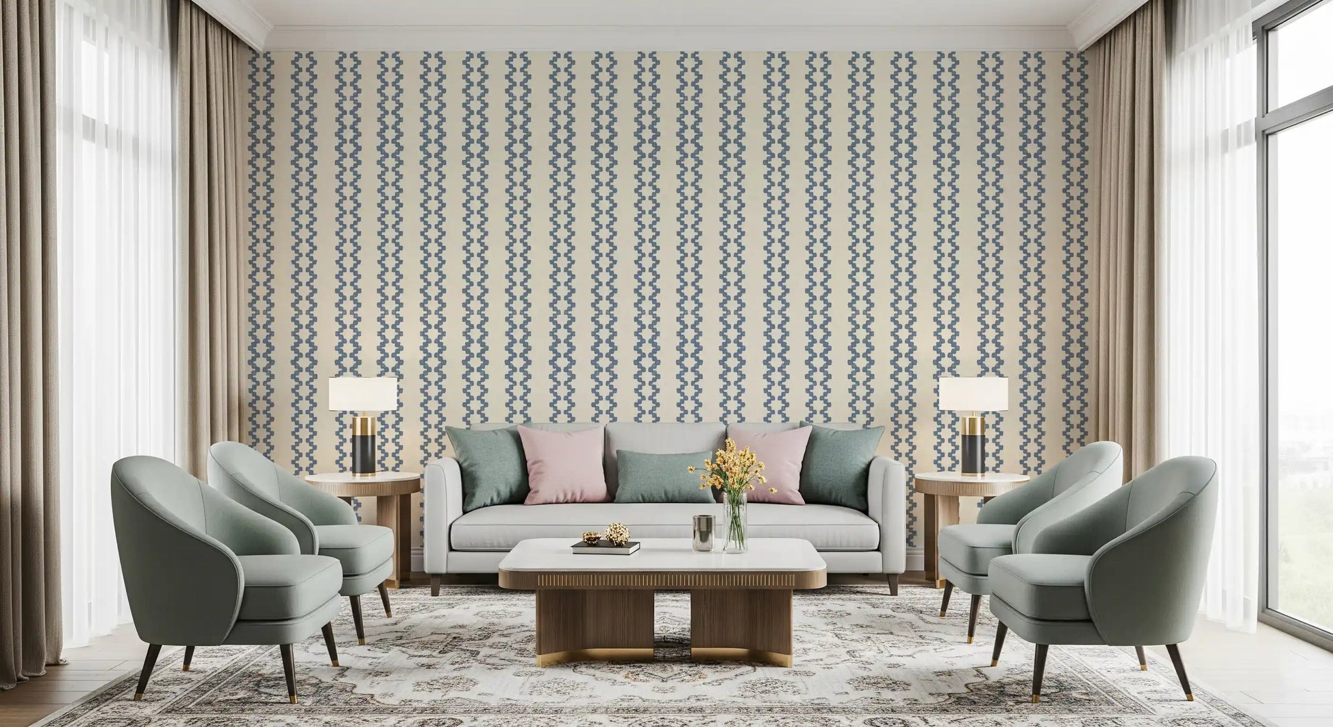 Tight repeat of slate blue zellige stripes for a neat, rhythmic wallpaper finish