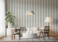 A serene Hallway lined with zellige striped wallpaper in slate blue