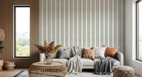 Zellige striped ornament wallpaper in slate blue over a warm cream ground